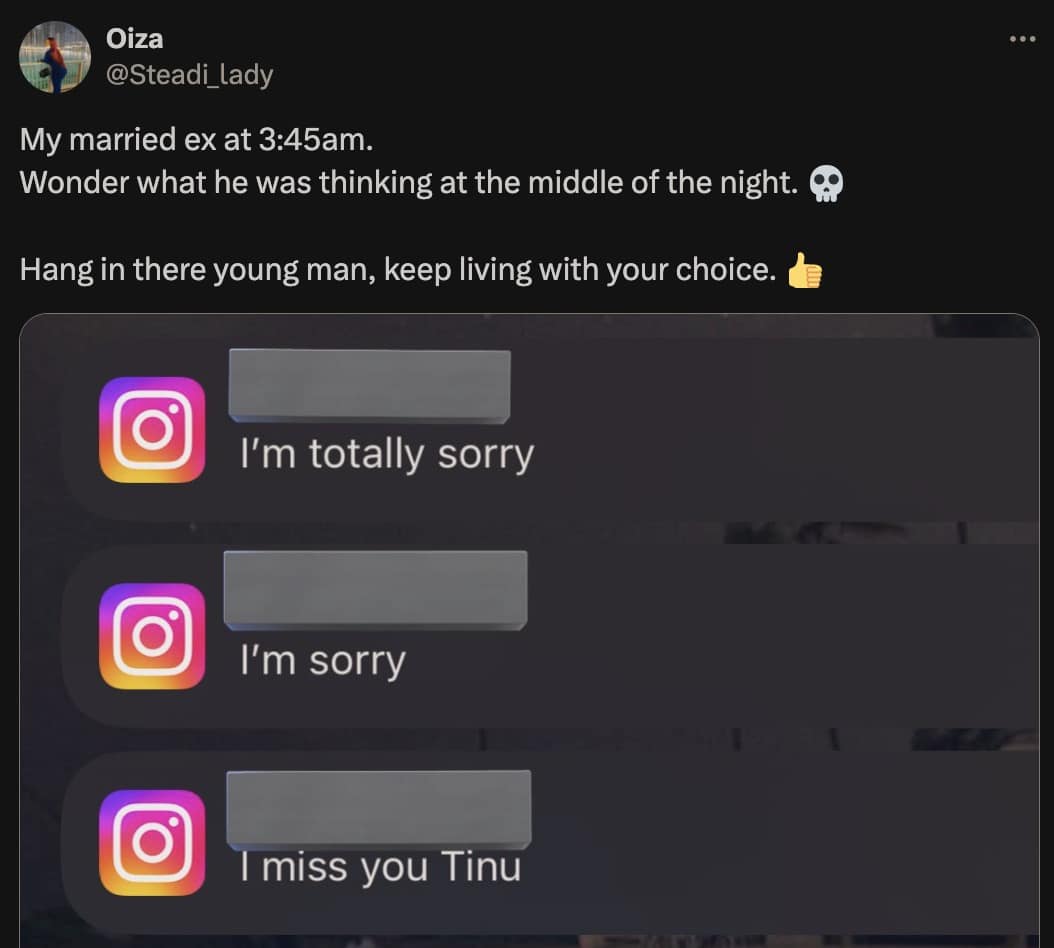 "I'm so sorry; I'm tired" - Lady shares text from married ex who dumped her to marry someone else